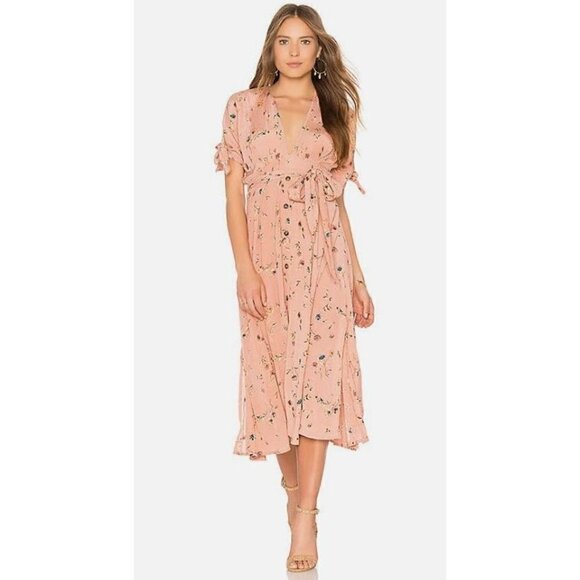 Faithfull the Brand Nina Pink Floral Crinkle Cotton Short Sleeve Midi Dress 4 - Picture 1 of 7